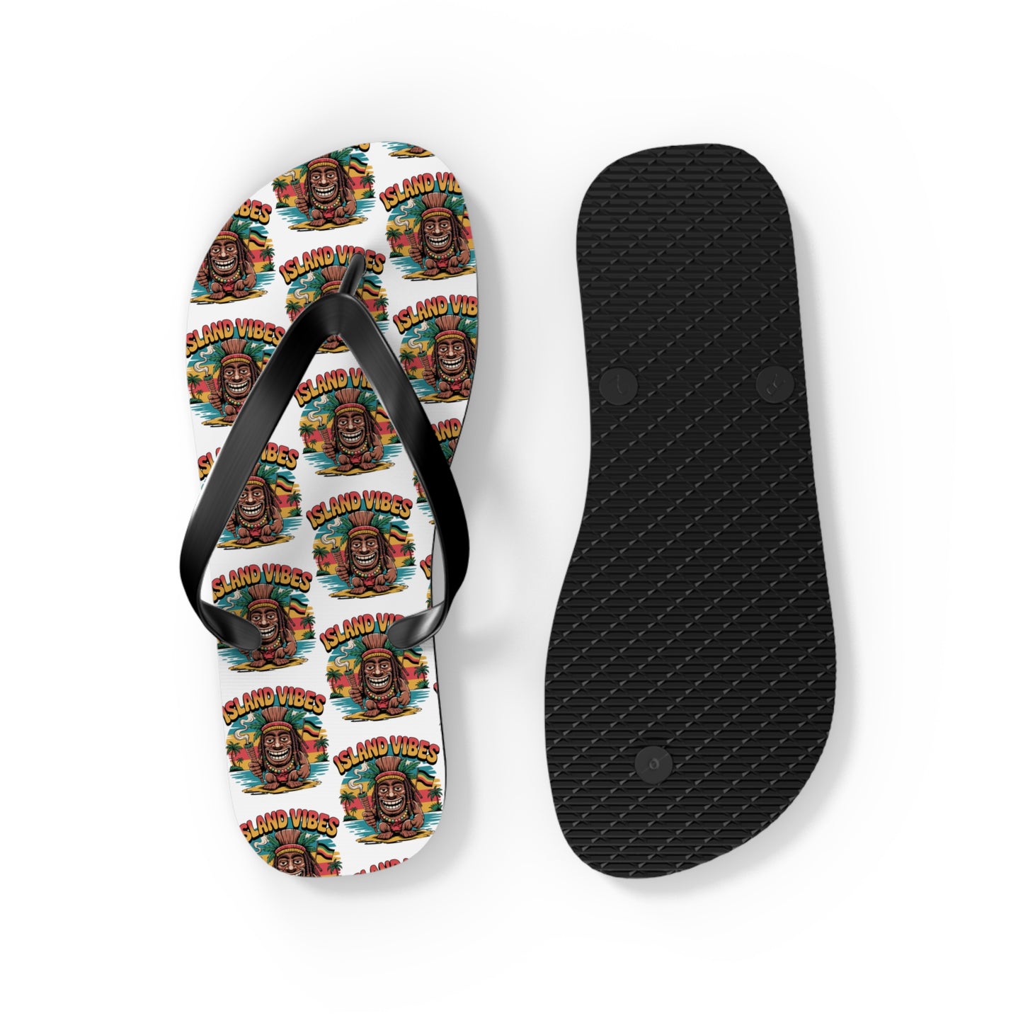 The Island Vibes Tiki Flip Flops—a vibrant pair for summer fun—feature one sandal with a colorful Island Vibes design (person in sunglasses and hat) and the other with a plain black textured sole.