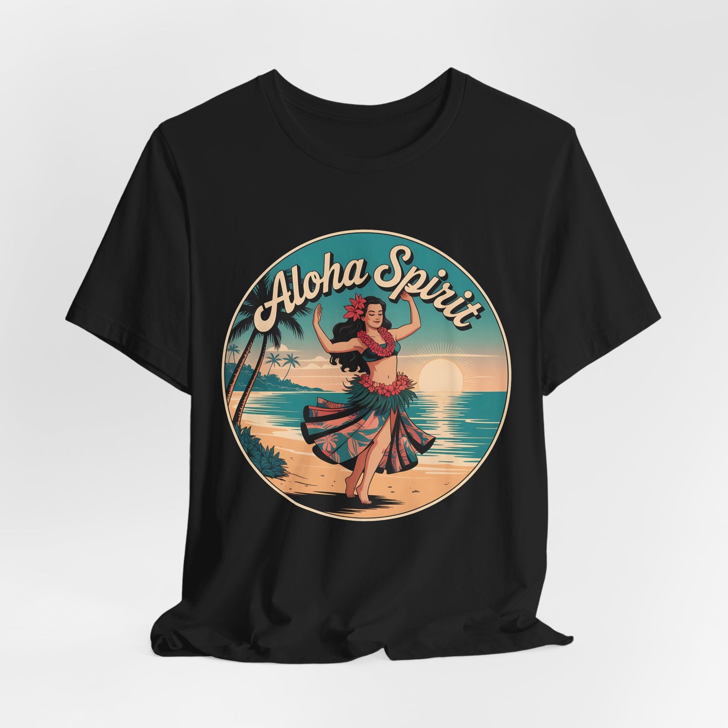 The Aloha Spirit Graphic T-Shirt–Hula Dancer T-Shirt showcases a vintage hula dancer on a sunset beach with palm trees and ocean, framed by retro “Aloha Spirit” text—ideal for island dreamers and beach lovers.