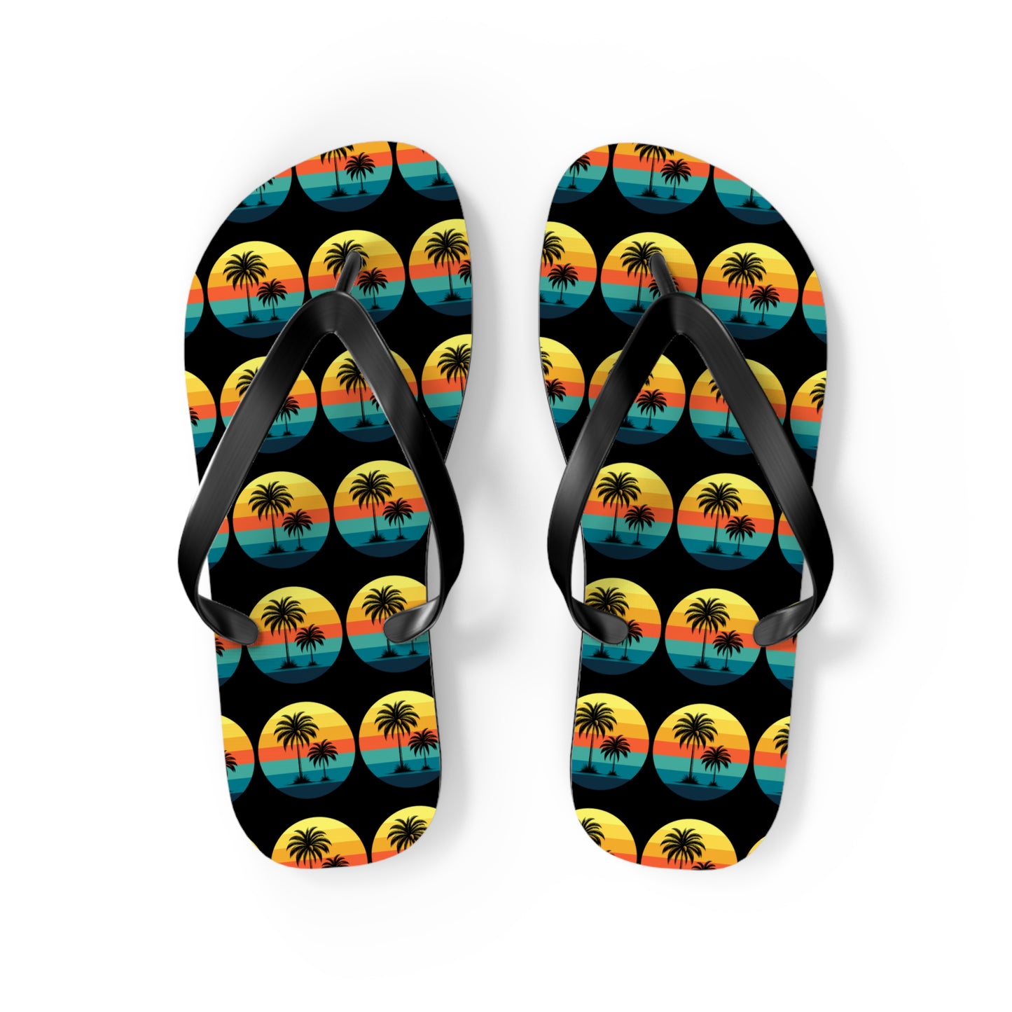 Step into summer vibes with the Tropical Sunset Flip Flops—featuring black straps and a vibrant sunset design with palm tree silhouettes in orange, yellow, and blue. Perfect for beach lovers looking to add flair to their wardrobe.