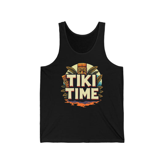 The Tiki Time Unisex Jersey Tiki Tank Top features a vibrant tiki mask, palm leaves, and an orange sunset graphic—perfect for summer vibes and tropical celebrations.