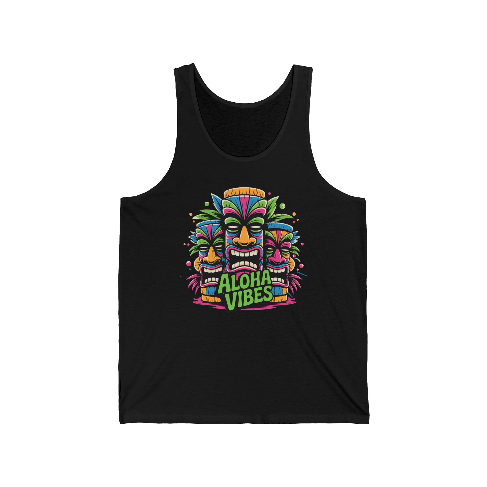 Ideal for beach days and summer festivals, the Aloha Vibes Unisex Jersey Tiki Tank Top features a bold Aloha Vibes in green below three vibrant tiki masks for a fun, tropical look.