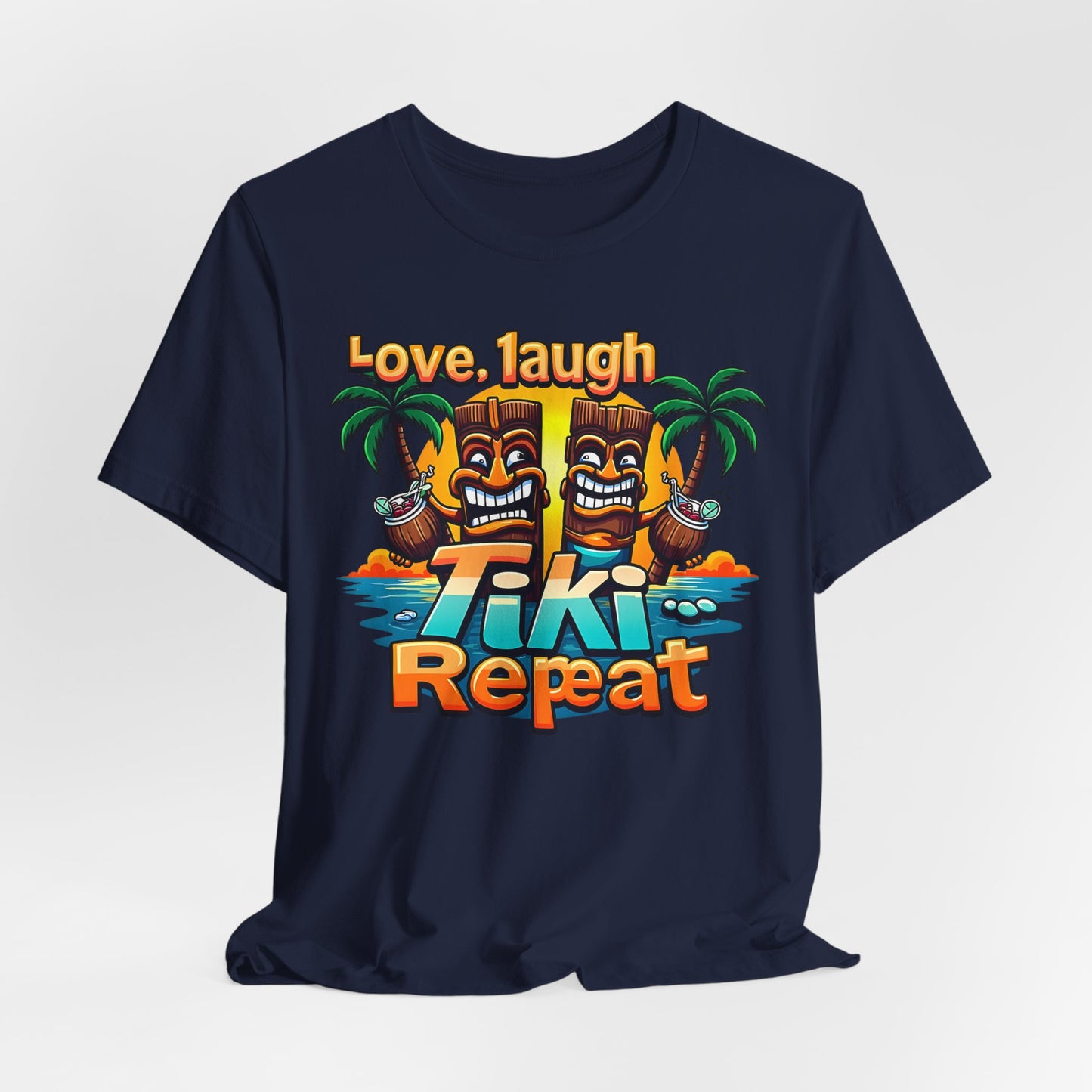 The Tiki Love Unisex Short Sleeve Tiki T-Shirt features two smiling tikis, palm trees, and an island sunset with Love. Laugh. Tiki Repeat text in playful colors for fun tropical vibes.