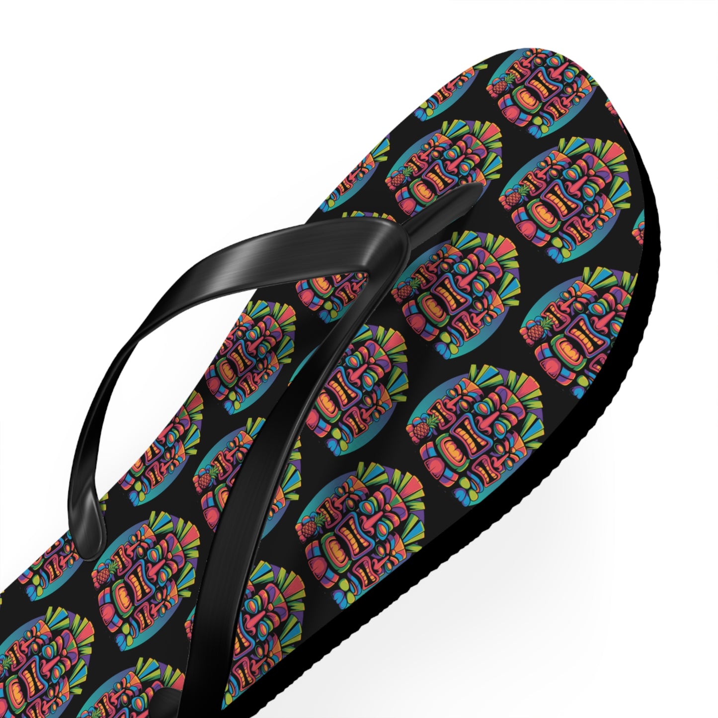 The Tropical Pineapple Flip Flops - Fun Summer Footwear feature black straps and a lively, repeating pineapple pattern on a dark background—ideal for bold summer outfits or standout beachwear.