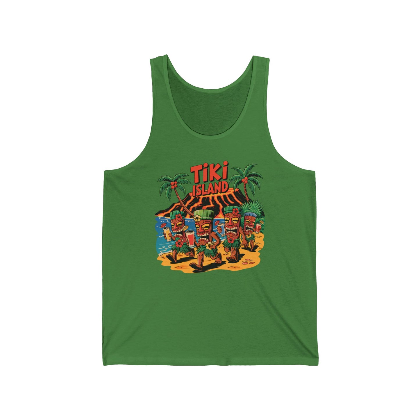 Show off summer vibes with the Tiki Island Unisex Jersey Tiki Tank Top, featuring a vibrant tiki statue graphic on an island with palm trees, waves, and sand. Bold red and yellow Tiki Island text completes this must-have for casual outings.