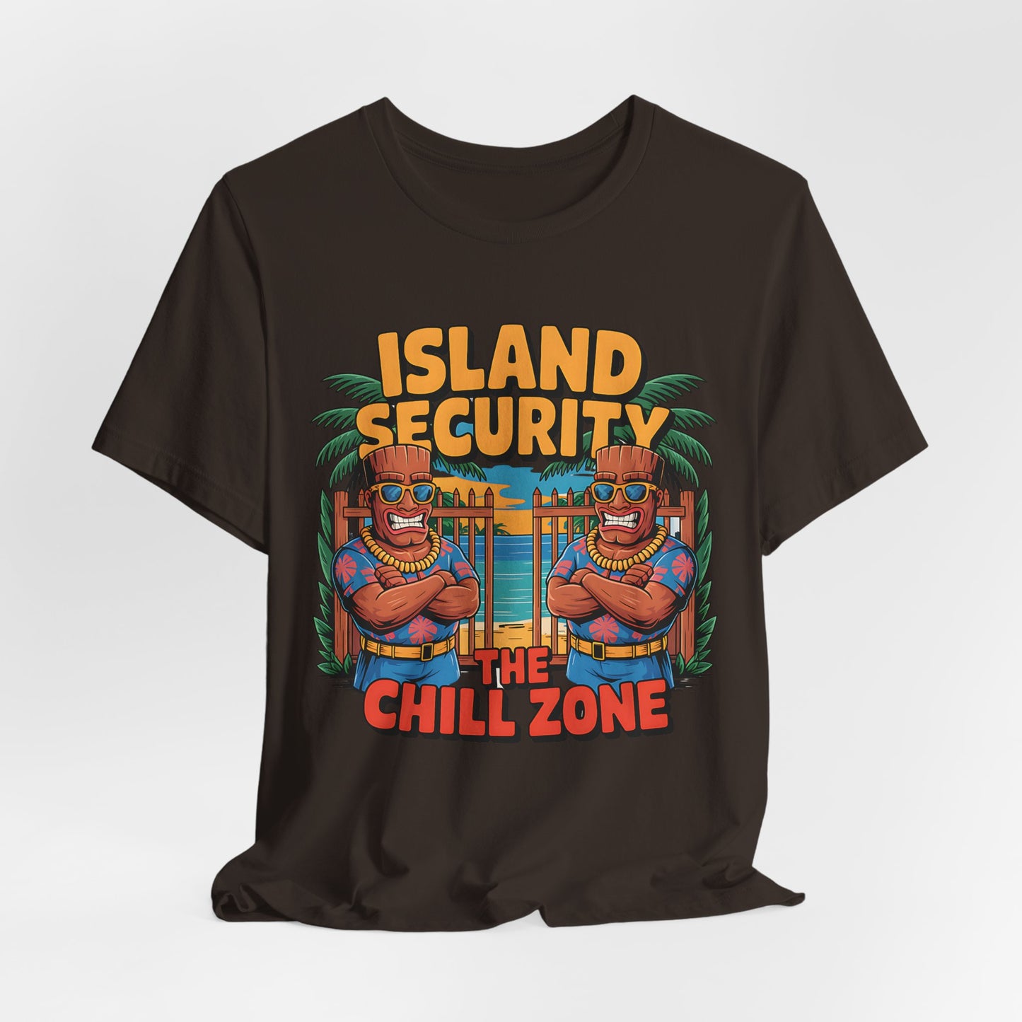 The Chill Zone Island Security Tiki T-Shirt – Unisex Jersey Short Sleeve features two cartoon tiki statues in sunglasses, palm trees, and “Island Security The Chill Zone” text. Great for beachwear and tropical vibes.