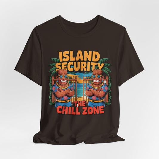 The Chill Zone Island Security Tiki T-Shirt – Unisex Jersey Short Sleeve features two cartoon tiki statues in sunglasses, palm trees, and “Island Security The Chill Zone” text. Great for beachwear and tropical vibes.