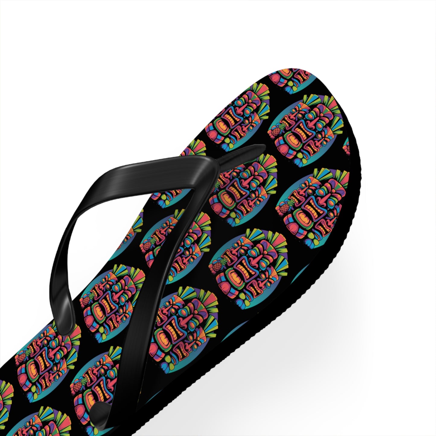 Tropical Pineapple Flip Flops - Fun Summer Footwear: playful black flip-flops ideal for summer, featuring a lively pineapple design in bright hues on a fresh white background.