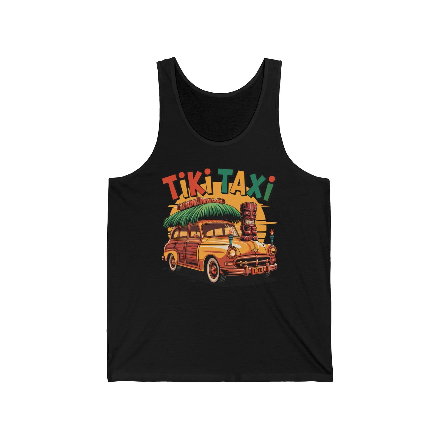 The Tiki Taxi Unisex Tiki Tank Top is a retro beach vibe tank featuring a vintage woodie car, thatched roof, tiki statue, and surfboard—ideal casual summer wear for stylish comfort.