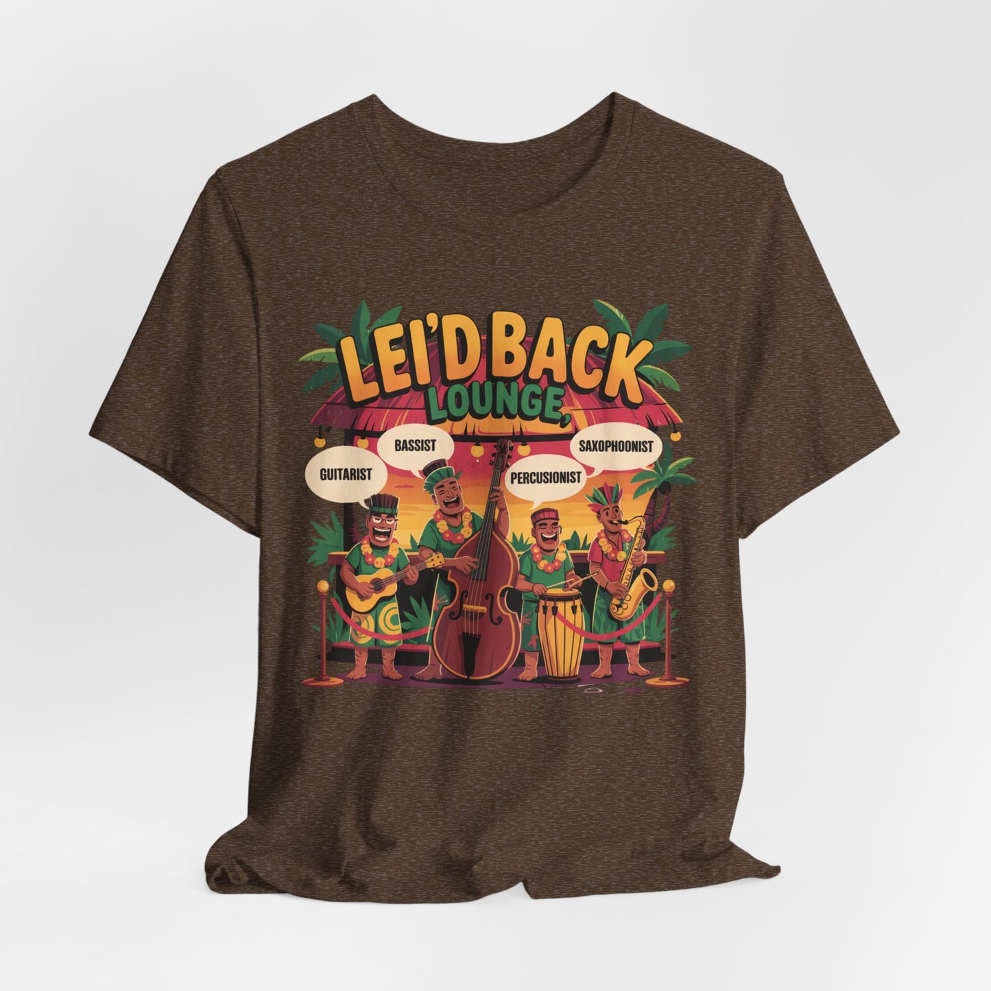 The Leid Back Lounge Unisex Tiki T-Shirt features a colorful cartoon of four tiki musicians—Guitarist, Bassist, Percussionist, and Saxophonist—under palms and a “Lei’d Back Lounge” banner for a true tropical music lover’s vibe.