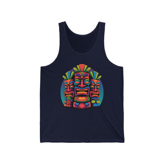 The Tropical Tiki Unisex Jersey Tiki Tank Top for Summer Vibes features a navy blue design with three vibrant tiki masks and colorful geometric accents—ideal for beach outings or summer festivals.