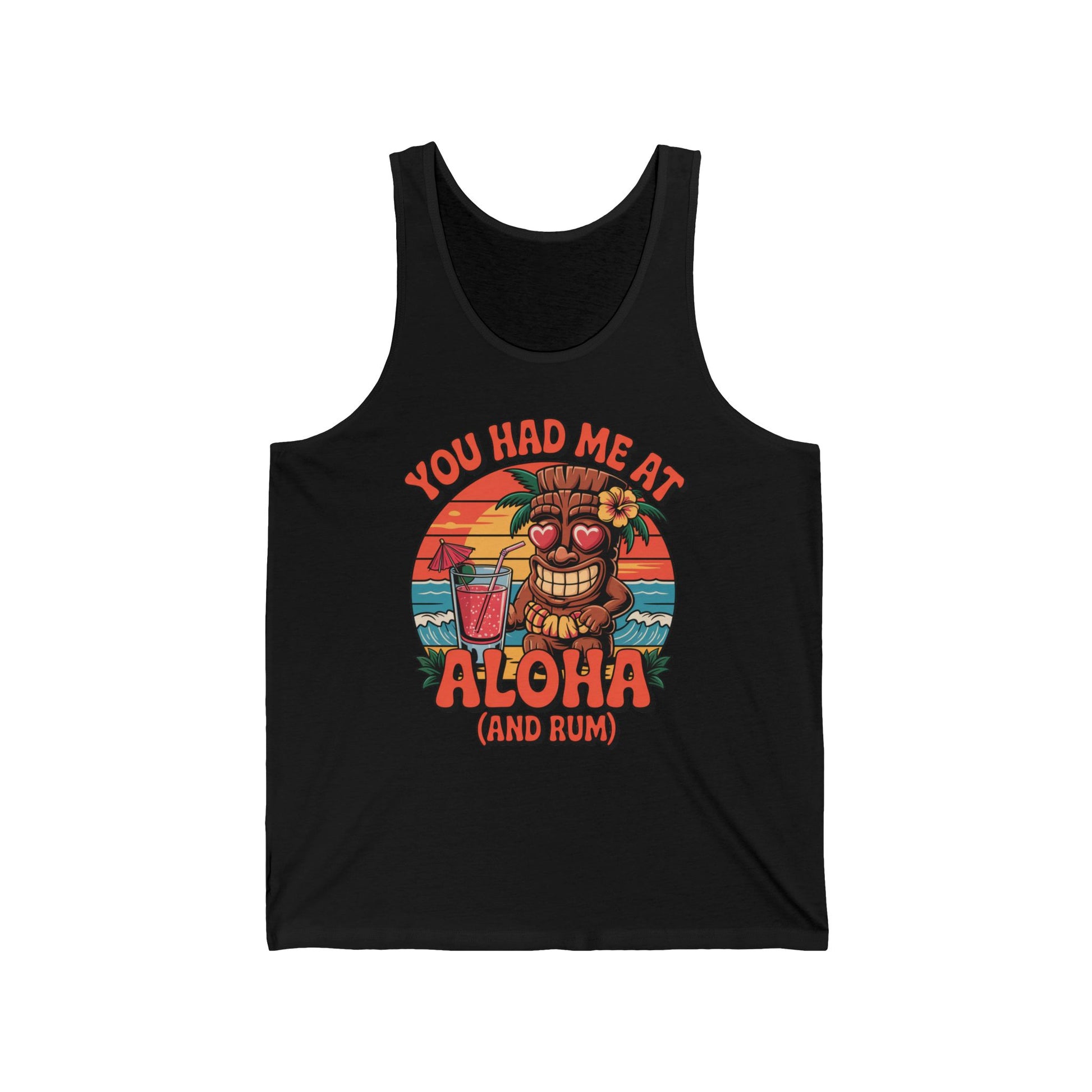 Express your love for beach culture with the Aloha Tiki Tank Top: Unisex Jersey Tank with Tropical Vibe, featuring a tiki in heart-shaped sunglasses sipping a drink at sunset and playful “You had me at Aloha (and rum)” text.