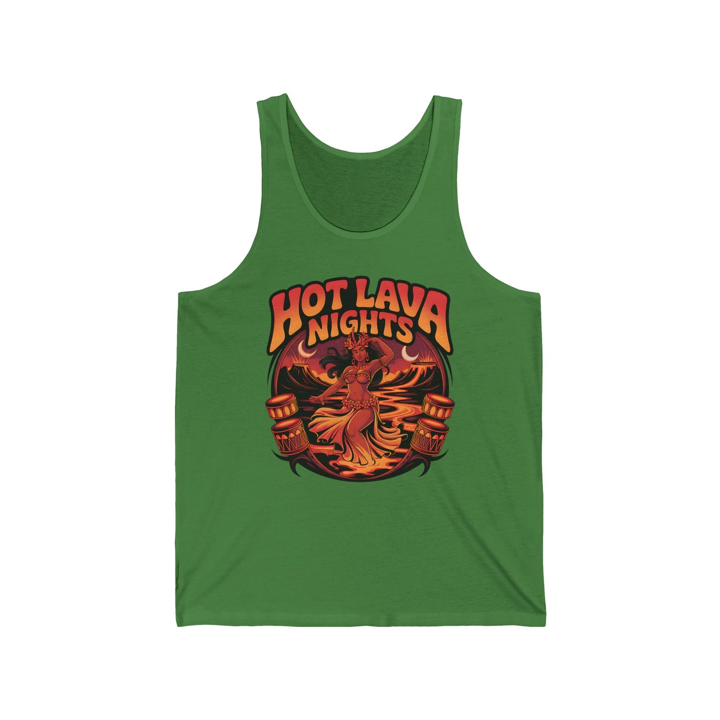 The Hot Lava Nights Unisex Jersey Tiki Tank Top is crafted from lightweight fabric and features a summer vibes graphic of a dancing woman with flames, torches, and bold retro HOT LAVA NIGHTS lettering.