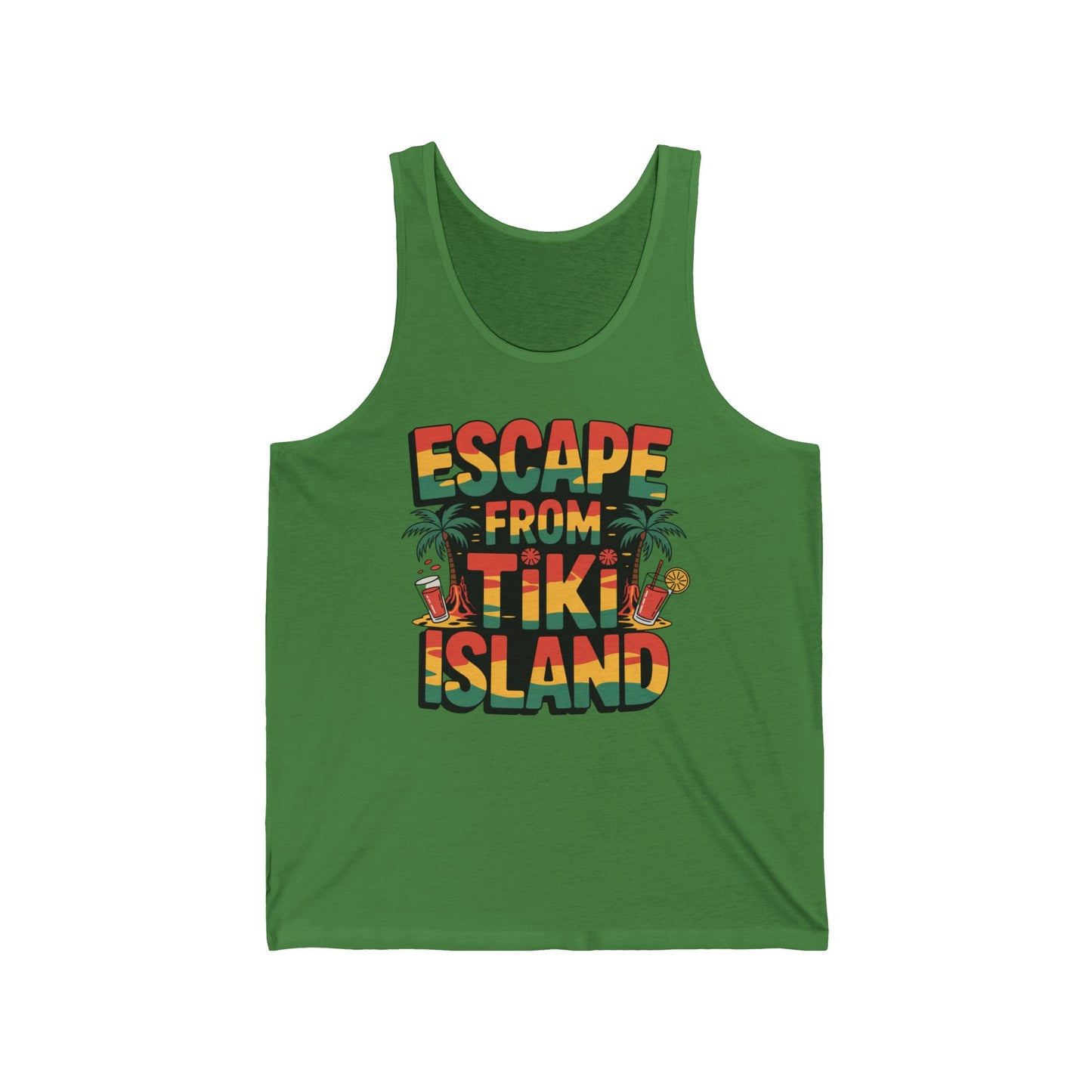 The Escape from Tiki Island Unisex Jersey Tiki Tank Top features bold, colorful text with tropical palm trees, a pineapple, and tiki drinks—perfect for summer vibes and beach days.