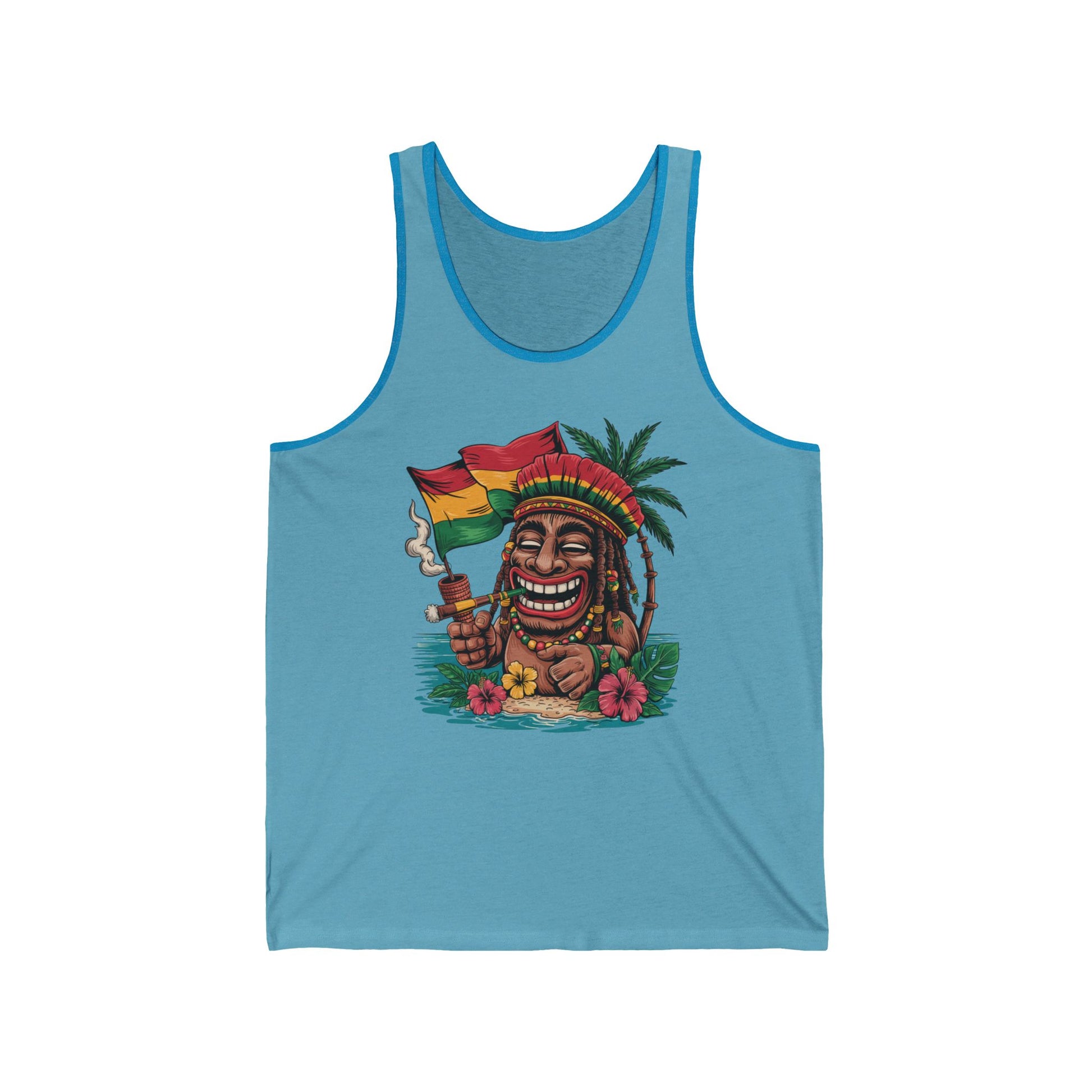 Embrace summer vibes with the Rasta Vibes Unisex Jersey Tiki Tank Top, showcasing a cartoon tiki grinning wide with a smoking pipe and colorful flag, relaxing by a palm tree and flowers—perfect for carefree tropical style.