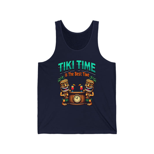 The Tiki Time Unisex Jersey Tiki Tank Top features two smiling tiki statues with a clock and tropical drinks, plus “Tiki Time is The Best Time” above—a colorful, relaxed-fit essential for summer celebrations.