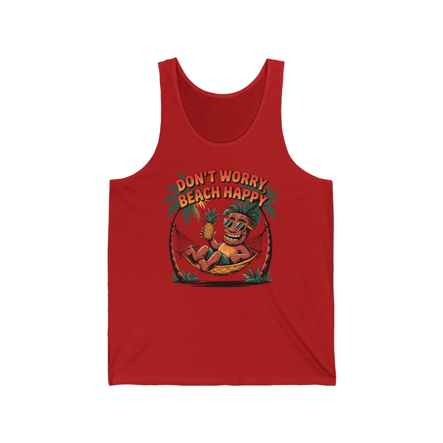 Beach Vibes Unisex Jersey Tiki Tank Top—Dont Worry Beach Happy—features a cartoon character relaxing in a hammock with a pineapple drink; lightweight and perfect for summer adventures.