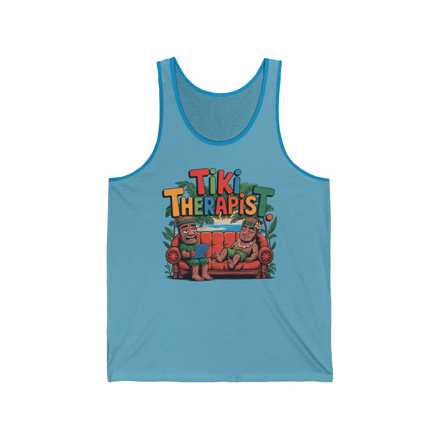 The Tiki Therapist Unisex Jersey Tiki Tank Top features a vibrant design of two tiki statues on a red couch with bold “Tiki Therapist” text, crafted from a high-quality cotton blend for comfort and fun summer vibes.