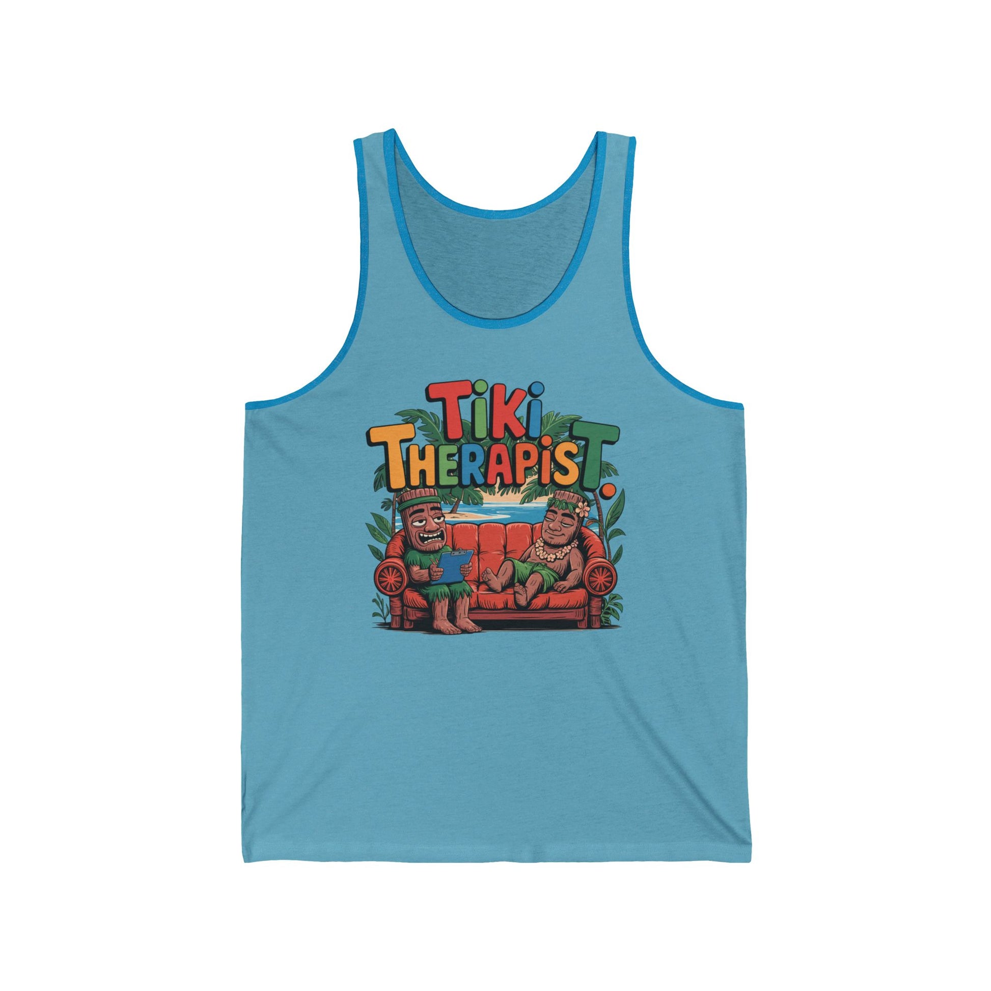 The Tiki Therapist Unisex Jersey Tiki Tank Top features a vibrant design of two tiki statues on a red couch with bold “Tiki Therapist” text, crafted from a high-quality cotton blend for comfort and fun summer vibes.