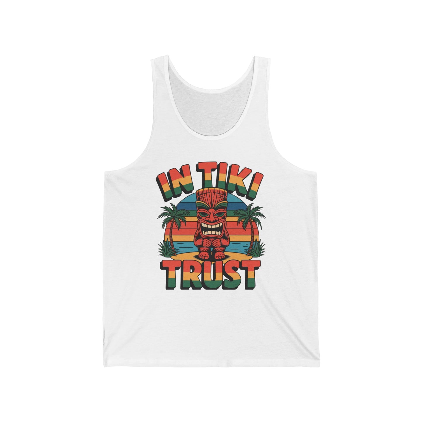 The Tiki Trust Tank is a white tank top showcasing a vibrant tiki statue, palm trees, and a sunset. Bold retro text above and below says IN TIKI WE TRUST—perfect for the beach or casual outings.
