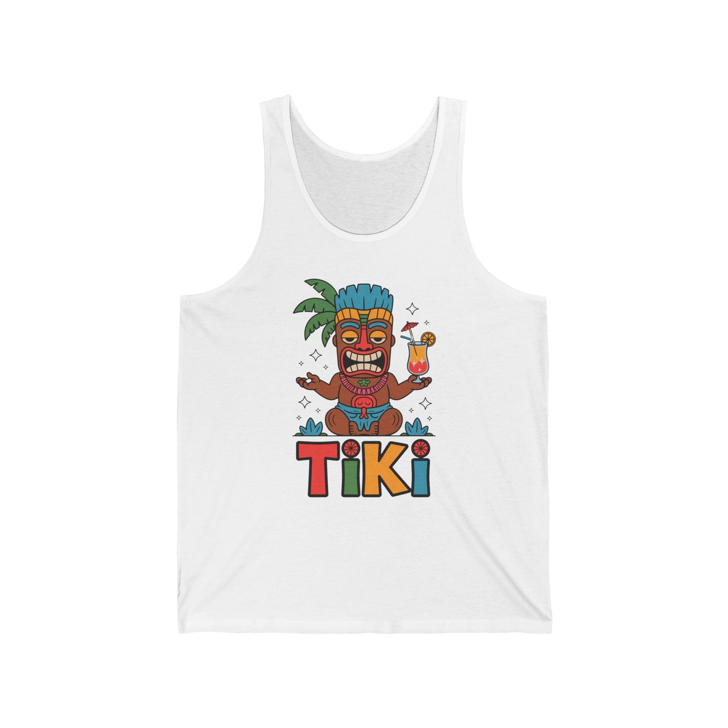 The Tiki Themed Unisex Jersey Tiki Tank Top for Summer Parties & Beach Days features a vibrant cartoon Tiki in a blue headdress with a tropical drink and bold TIKI lettering for a fun, tropical vibe.