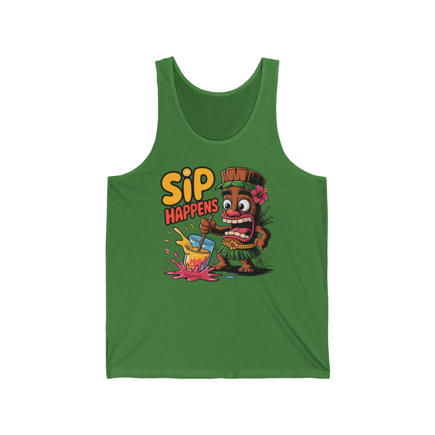 Brighten your summer style with the Sip Happens Unisex Jersey Tiki Tank Top, featuring a cartoon tiki spilling a colorful drink and bold yellow and orange SIP HAPPENS text—perfect for beach parties and fun vibes.