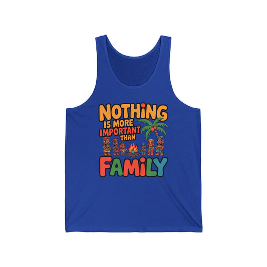 The Tiki Tank Top features a tropical design with bold, colorful Nothing is more important than family text, palm tree, and cartoon figures—ideal for summer gatherings and crafted from premium fibers for all-day comfort.