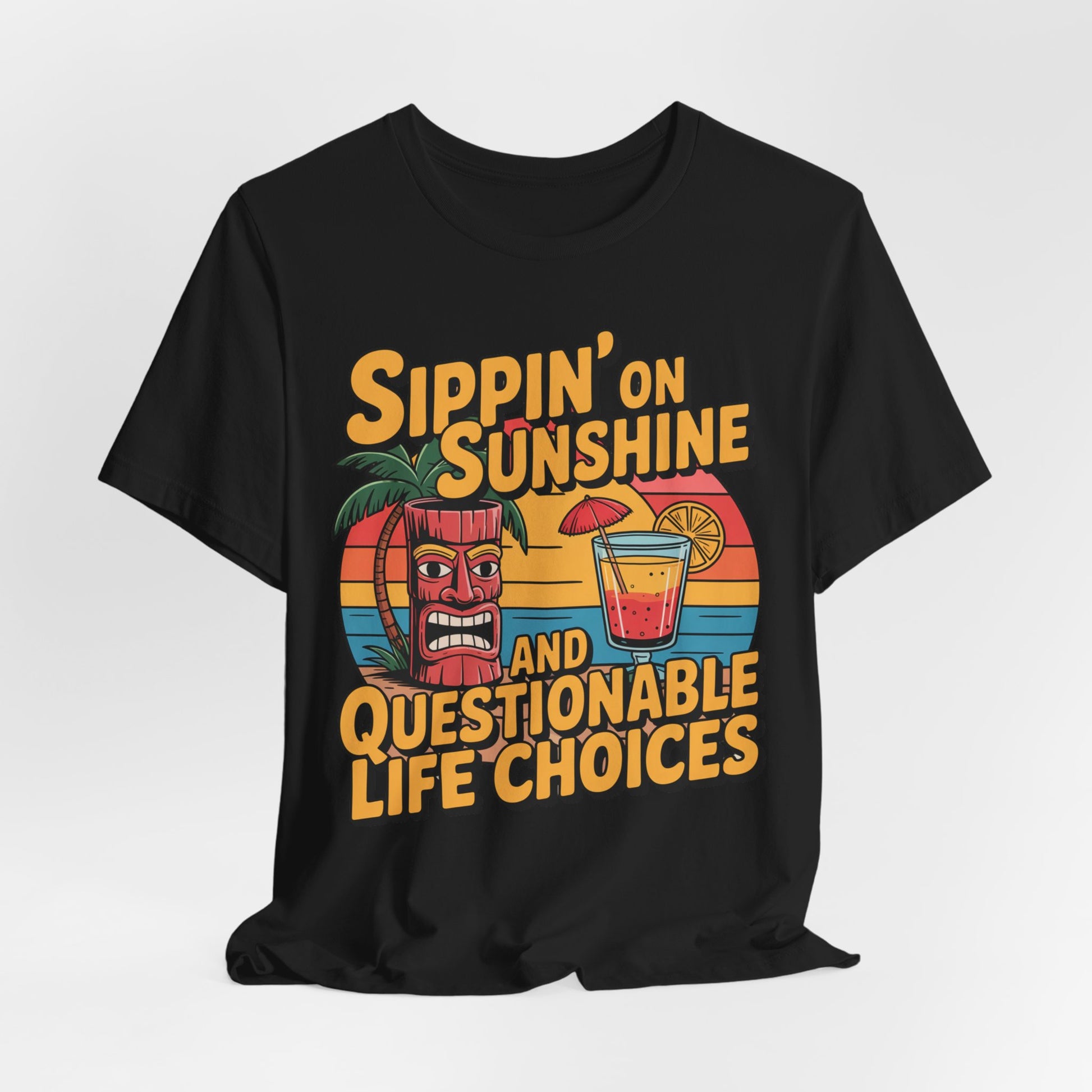 The Sippin on Sunshine Tiki T-Shirt is a black, breathable cotton unisex jersey tee with a colorful tiki mug, palm tree, cocktail, and retro sunset—perfect for summer outings and beach lovers.