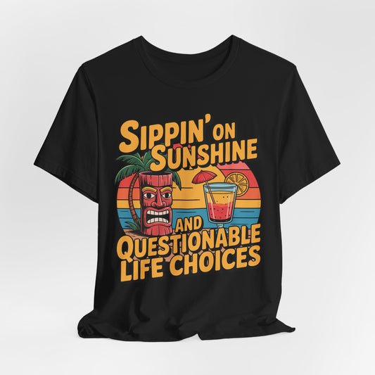 The Sippin on Sunshine Tiki T-Shirt is a black, breathable cotton unisex jersey tee with a colorful tiki mug, palm tree, cocktail, and retro sunset—perfect for summer outings and beach lovers.