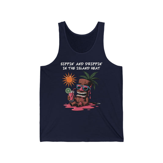 The Tropical Vibes Tank Top - Sippin and Drippin in the Island Heat Unisex features a cartoon tiki statue with sunglasses, melting under the sun and holding a drink—ideal for summer parties and tropical getaways.