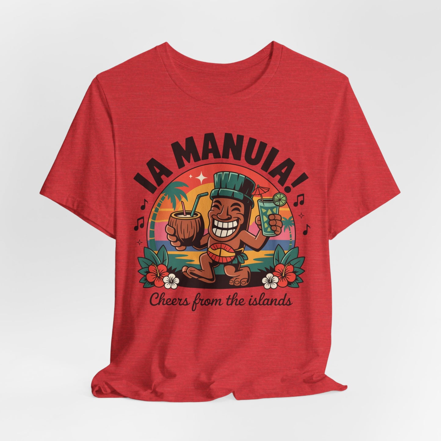 The IA MANUIA! Island Vibes Unisex Jersey Tiki T-Shirt is a red, breathable cotton tee featuring a cartoon tiki with a coconut drink, floral accents, and IA MANUIA! Cheers from the islands—perfect for tropical events.