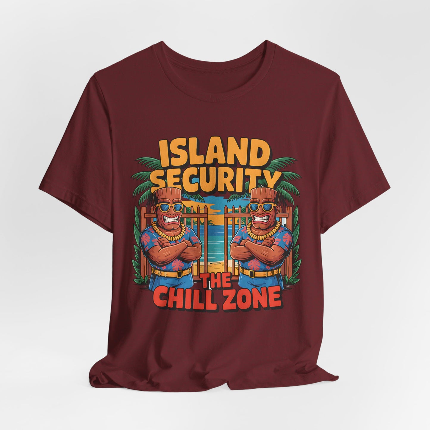 The Chill Zone Island Security Tiki T-Shirt - Unisex Jersey Short Sleeve features two maroon cartoon tiki statues with sunglasses and crossed arms by a gate with palm trees. Text reads: “ISLAND SECURITY THE CHILL ZONE.” Ideal for tropical, casual beachwear.