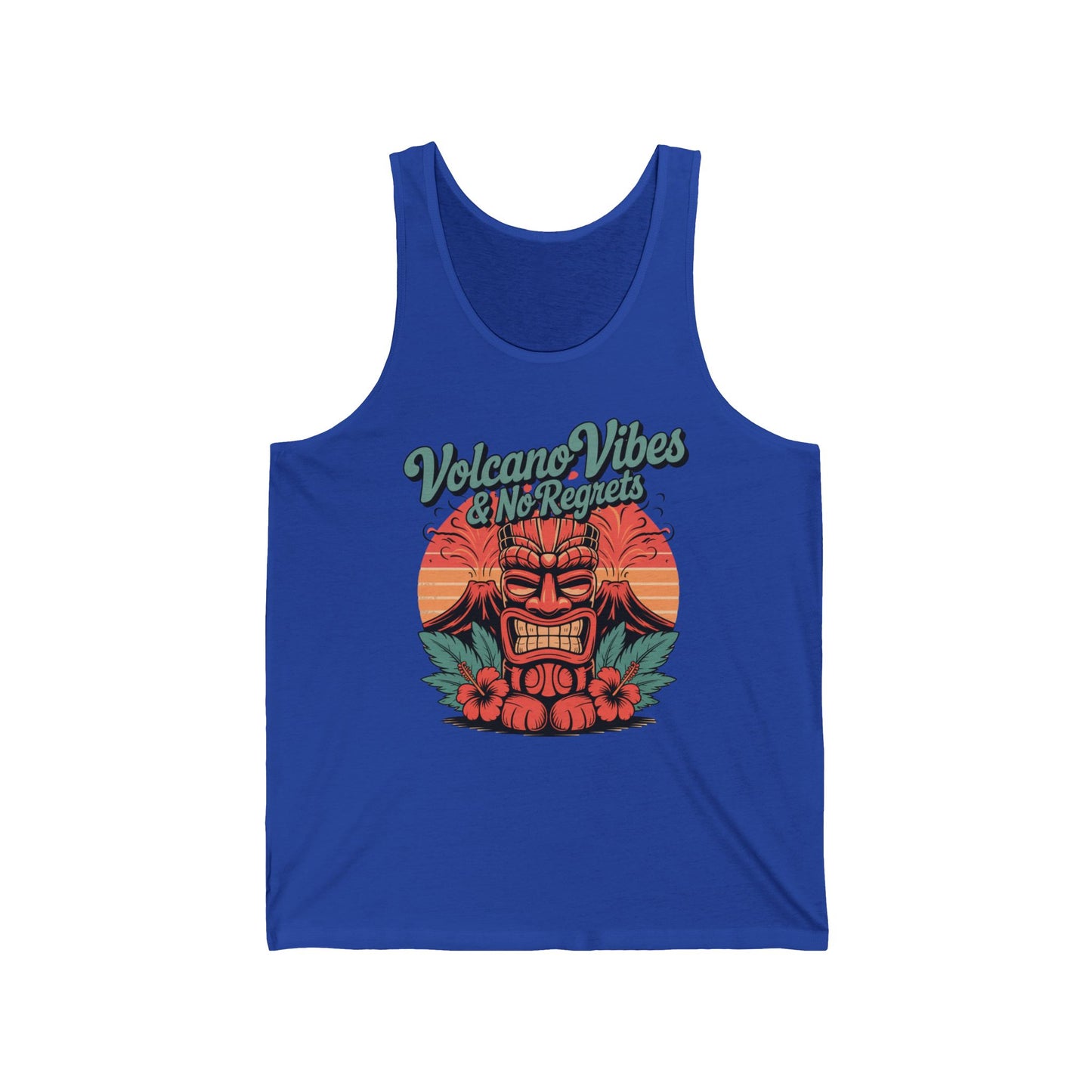 The Volcano Vibes Unisex Jersey Tiki Tank Top features a vibrant tiki mask with red flowers against an orange sunset and “Volcano Vibes & No Regrets” above, all on lightweight fabric for tropical summer style.