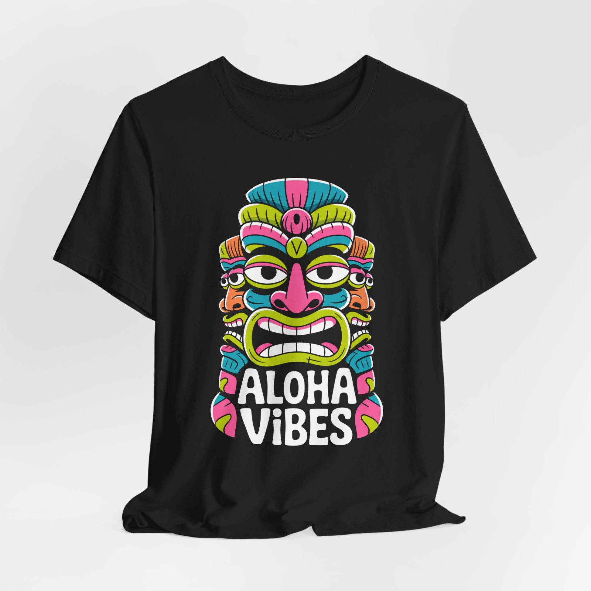 Aloha Vibes Unisex Tiki T-Shirt - Fun Summer Graphic T-Shirt: This black tee features a colorful tiki mask and bold “ALOHA VIBES,” perfect for anyone seeking adventure or relaxation.