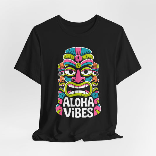 Aloha Vibes Unisex Tiki T-Shirt - Fun Summer Graphic T-Shirt: This black tee features a colorful tiki mask and bold “ALOHA VIBES,” perfect for anyone seeking adventure or relaxation.
