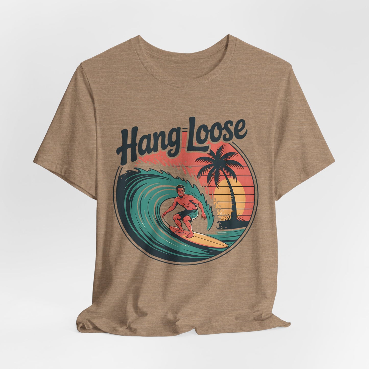 The Hang Loose Unisex Surf T-Shirt features a retro surfer, palm tree, and sunset. Made from soft Airlume cotton, this tee captures laid-back beach vibes with Hang Loose above the image.