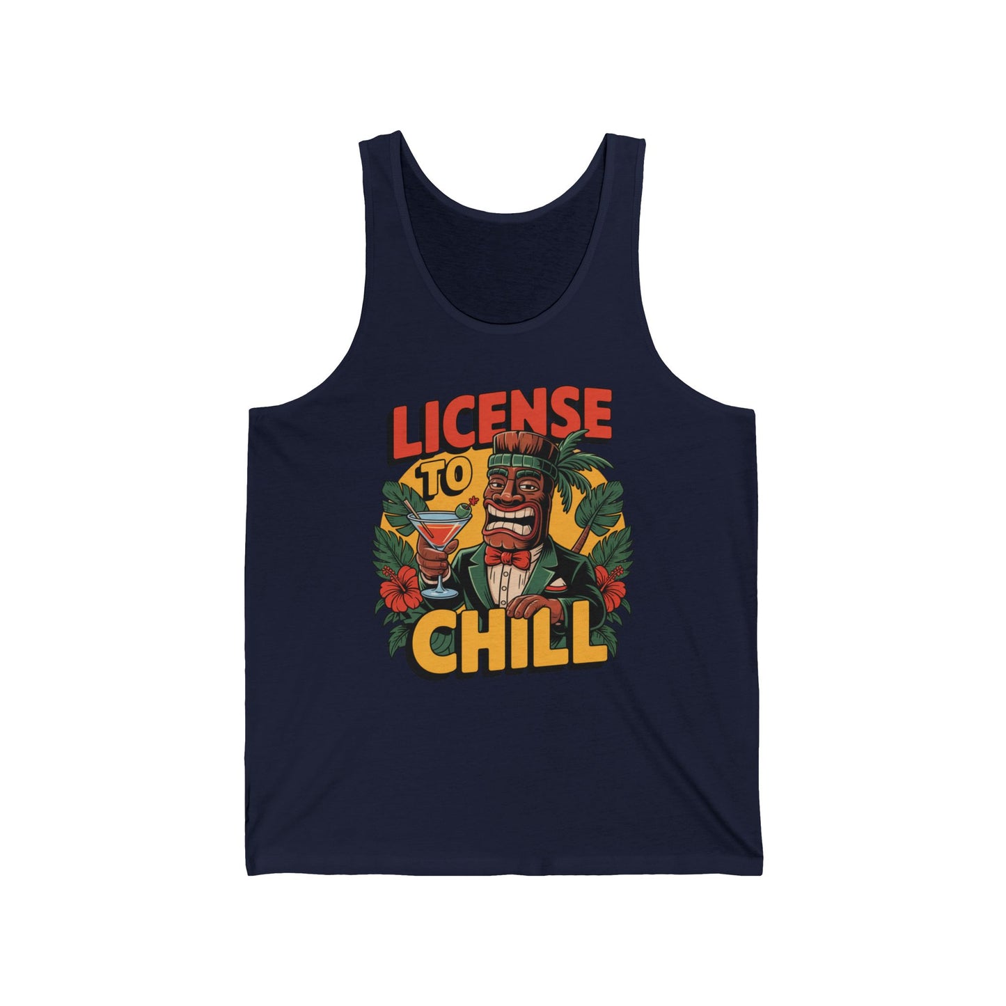 The License to Chill Unisex Jersey Tiki Tank Top showcases a vibrant tiki holding a cocktail among tropical leaves and flowers with bold yellow and orange LICENSE TO CHILL text—ideal for summer vibes and relaxation.