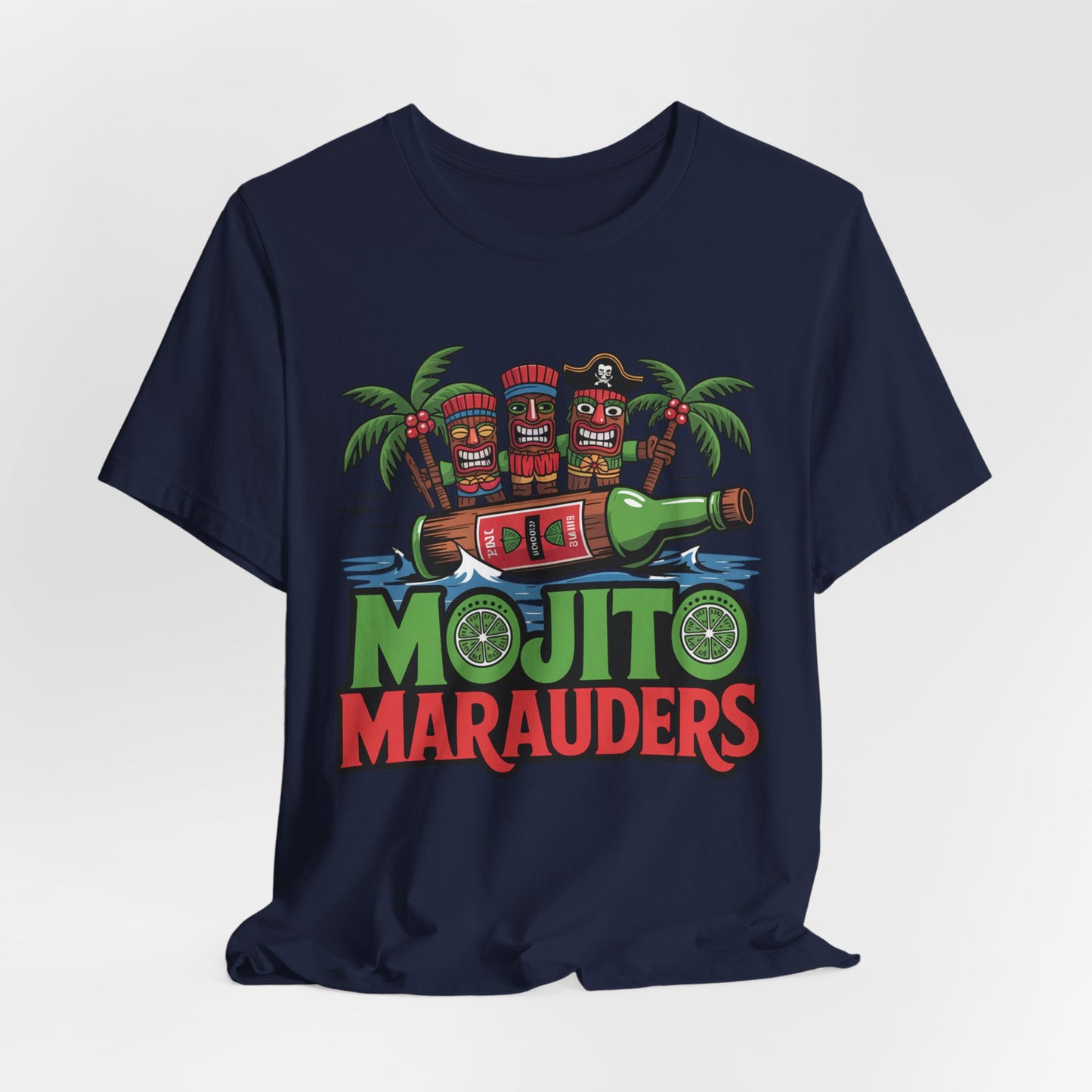 The Mojito Marauders Tiki T-Shirt is a navy unisex jersey featuring three tiki figures on a floating mojito bottle, with palm trees, lime slices, and “MOJITO MARAUDERS” in bold green and red letters for tropical vibes.