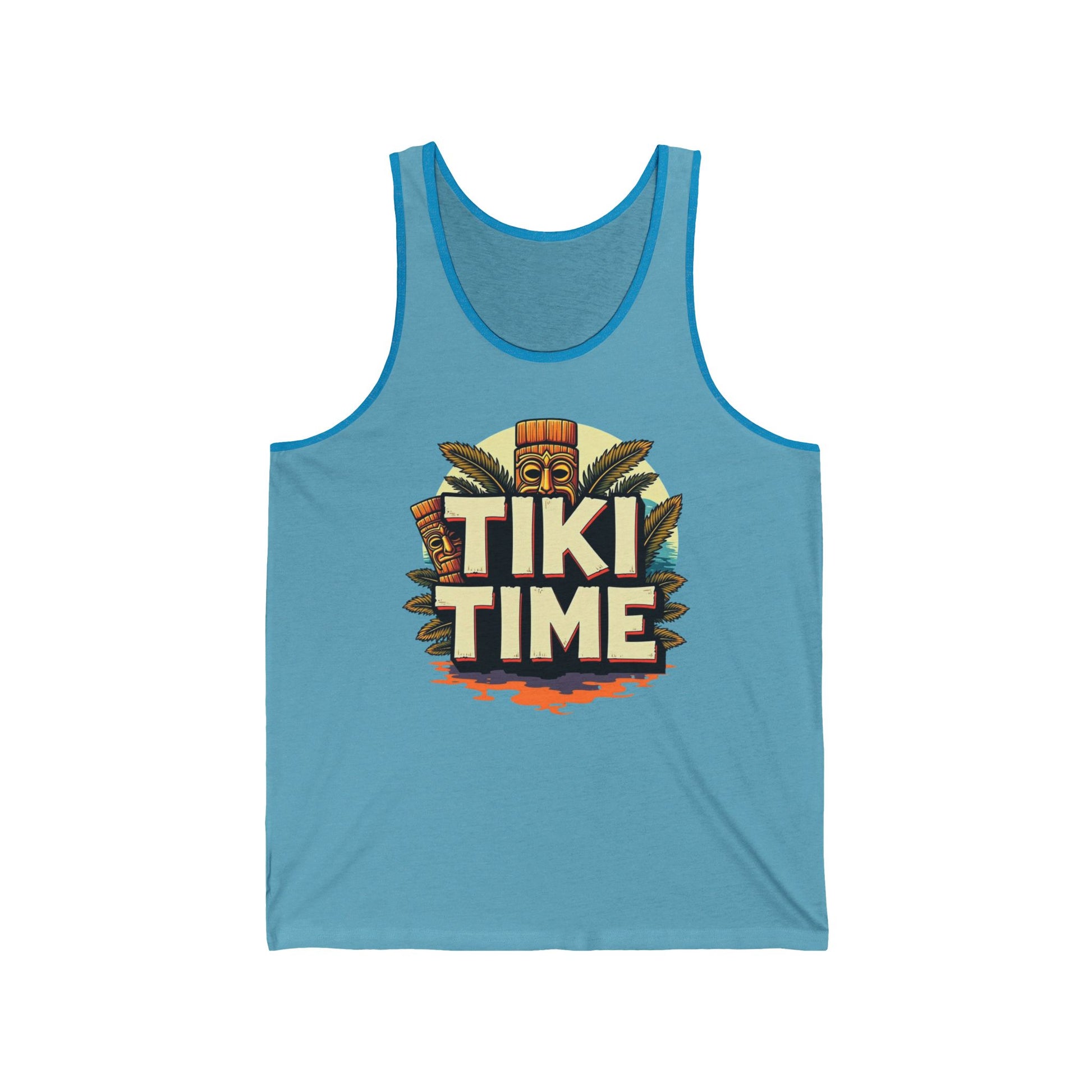 The Tiki Time Unisex Jersey Tiki Tank Top showcases a vibrant tiki head and palm leaves with TIKI TIME text—ideal for summer vibes, casual wear, and tropical celebrations.