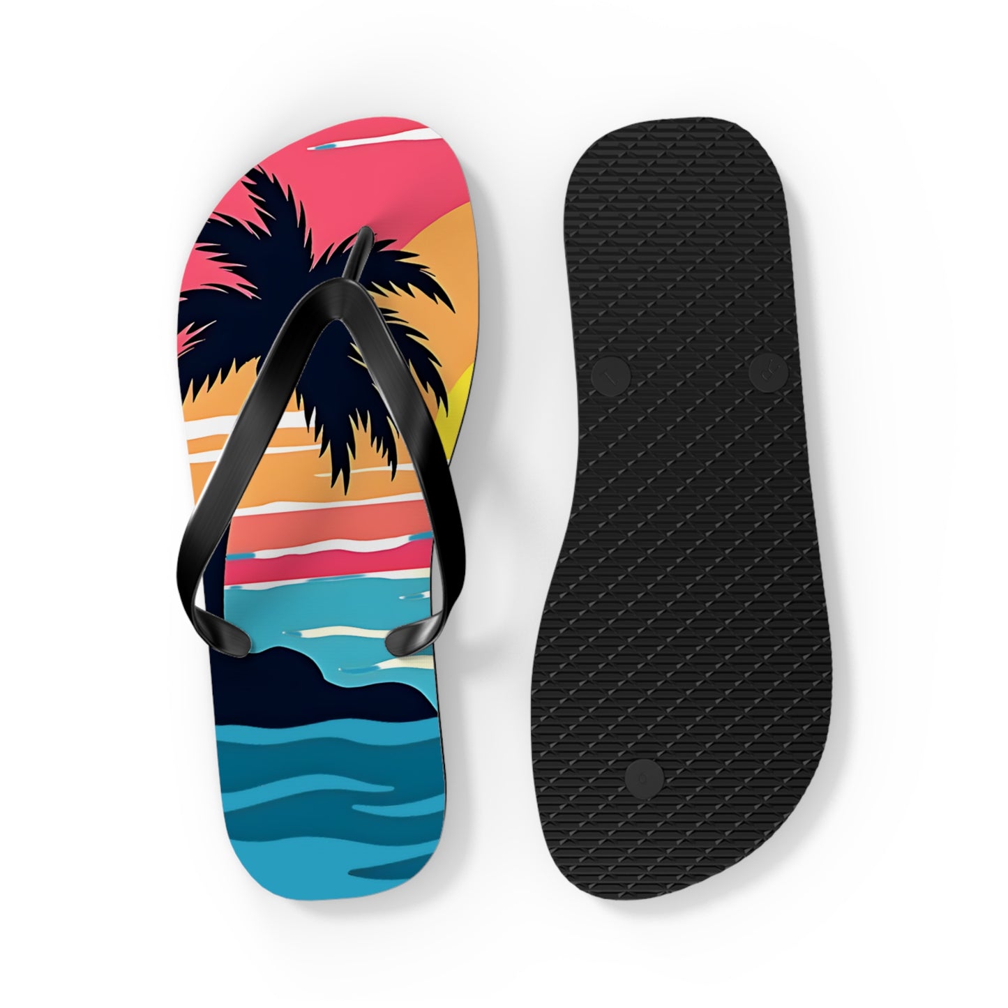 The Tropical Sunset Flip Flops | Beach Vibes Sandals feature one sandal with a vibrant sunset beach scene—palm trees, waves, and sky—and the other with a plain black textured sole; perfect for beach lovers.
