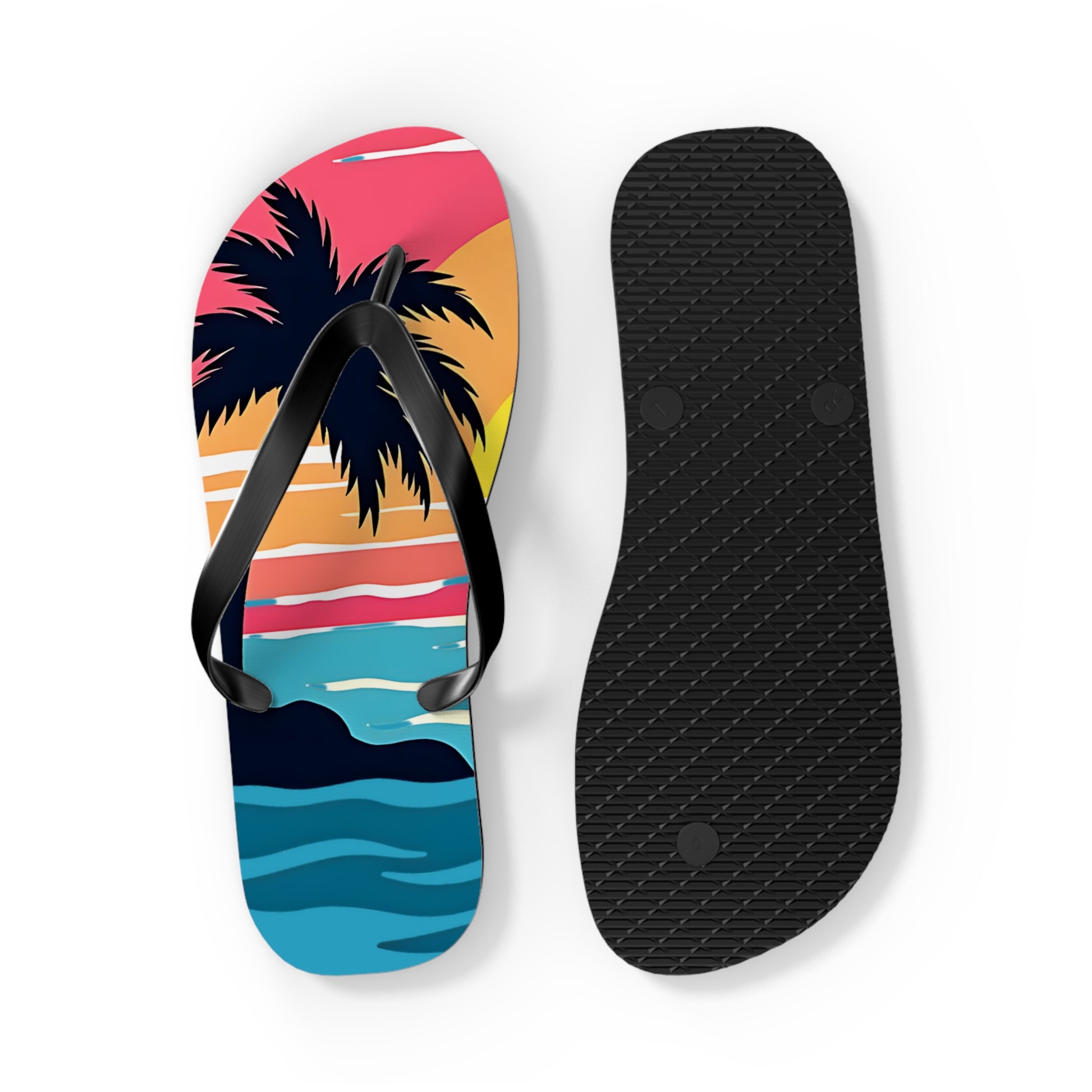 The Tropical Sunset Flip Flops | Beach Vibes Sandals feature one sandal with a vibrant sunset beach scene—palm trees, waves, and sky—and the other with a plain black textured sole; perfect for beach lovers.