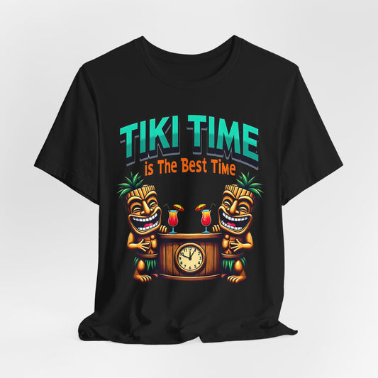 The Tiki Time Unisex Jersey T-Shirt features two tiki figures with drinks, a clock, and “TIKI TIME is The Best Time” in bold colors. Perfect for beach lovers, this tee is crafted from soft Airlume combed cotton.