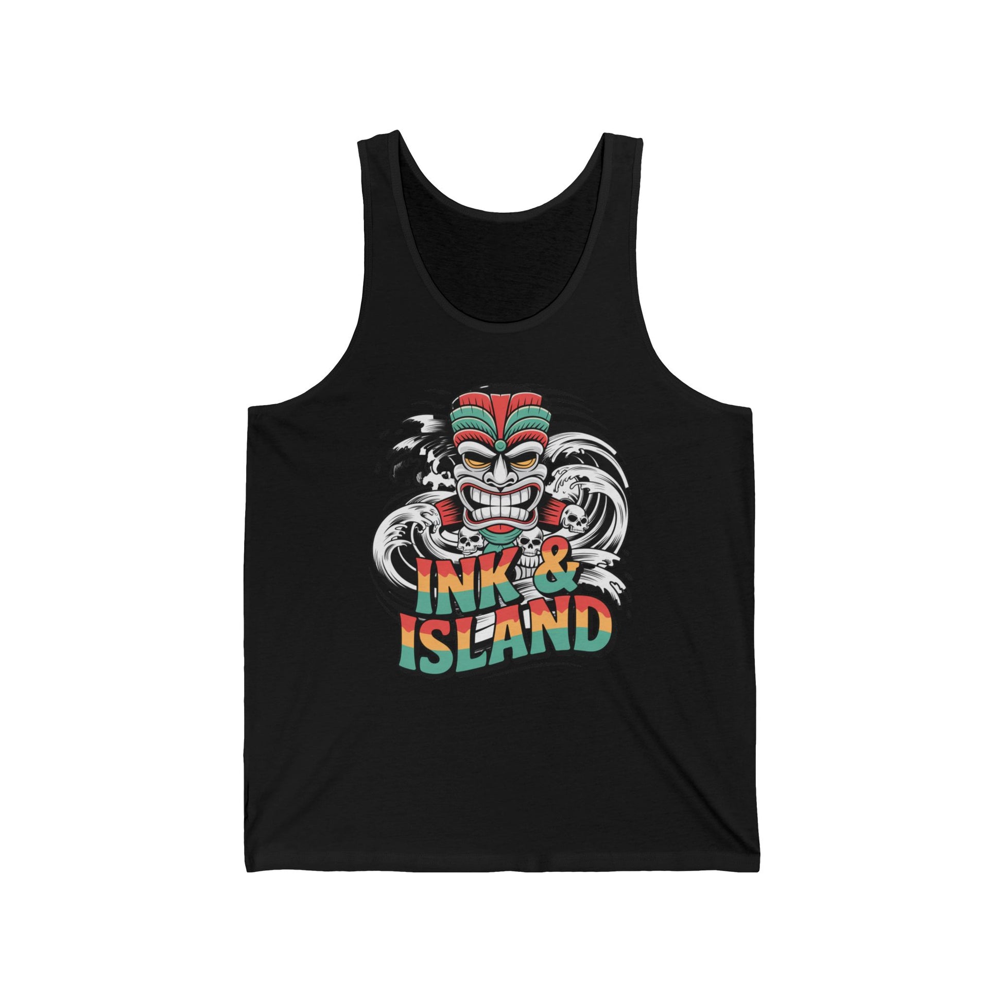 The Tropical Ink & Island Unisex Jersey Tiki Tank Top for Beach Vibes features a vibrant tiki mask above waves, plus bold INK & ISLAND text in red, orange, yellow, and teal—a breathable must-have for your summer wardrobe.