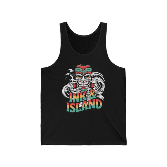 The Tropical Ink & Island Unisex Jersey Tiki Tank Top for Beach Vibes features a vibrant tiki mask above waves, plus bold INK & ISLAND text in red, orange, yellow, and teal—a breathable must-have for your summer wardrobe.