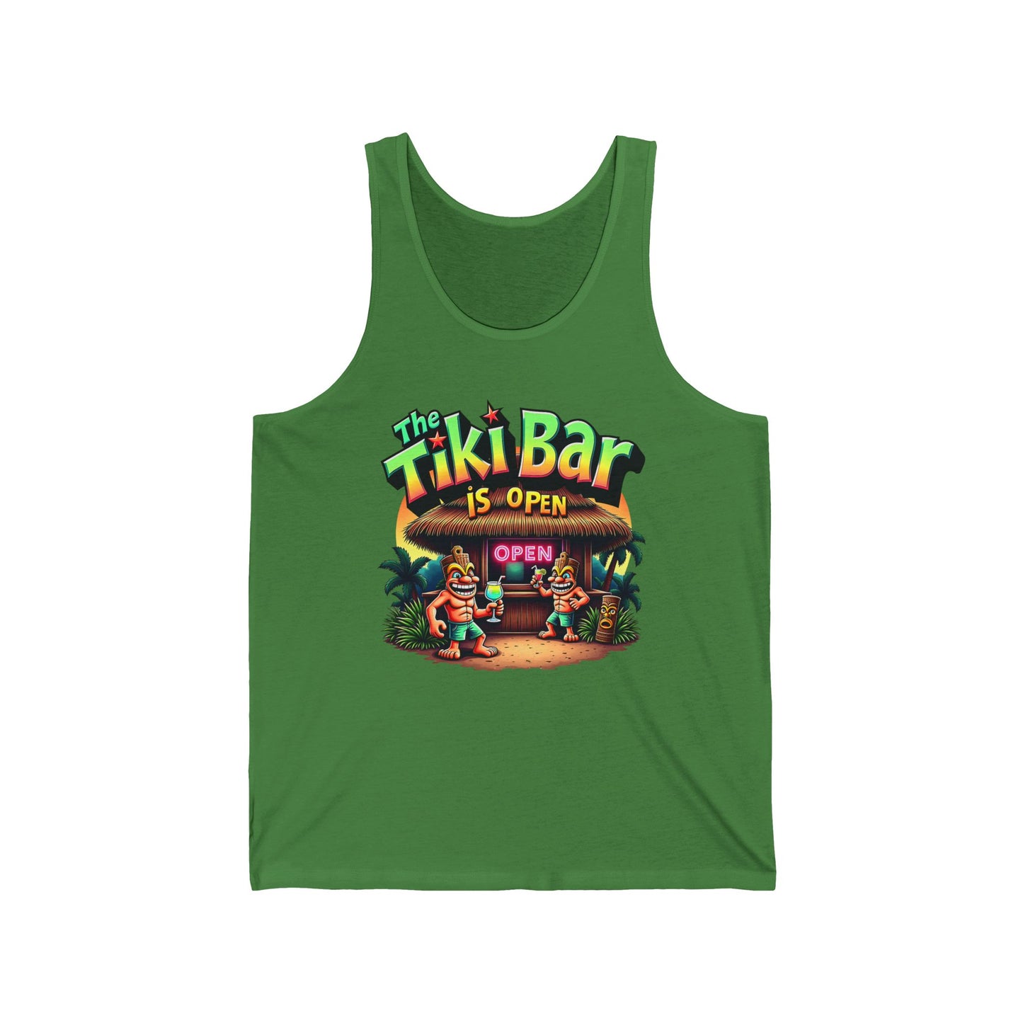 Stay cool in the Tiki Bar Unisex Jersey Tiki Tank Top—lightweight comfort with a vibrant tiki bar print, tiki characters, palm trees, and “The Tiki Bar is Open” above the entrance. Perfect summer style for beach lovers!.