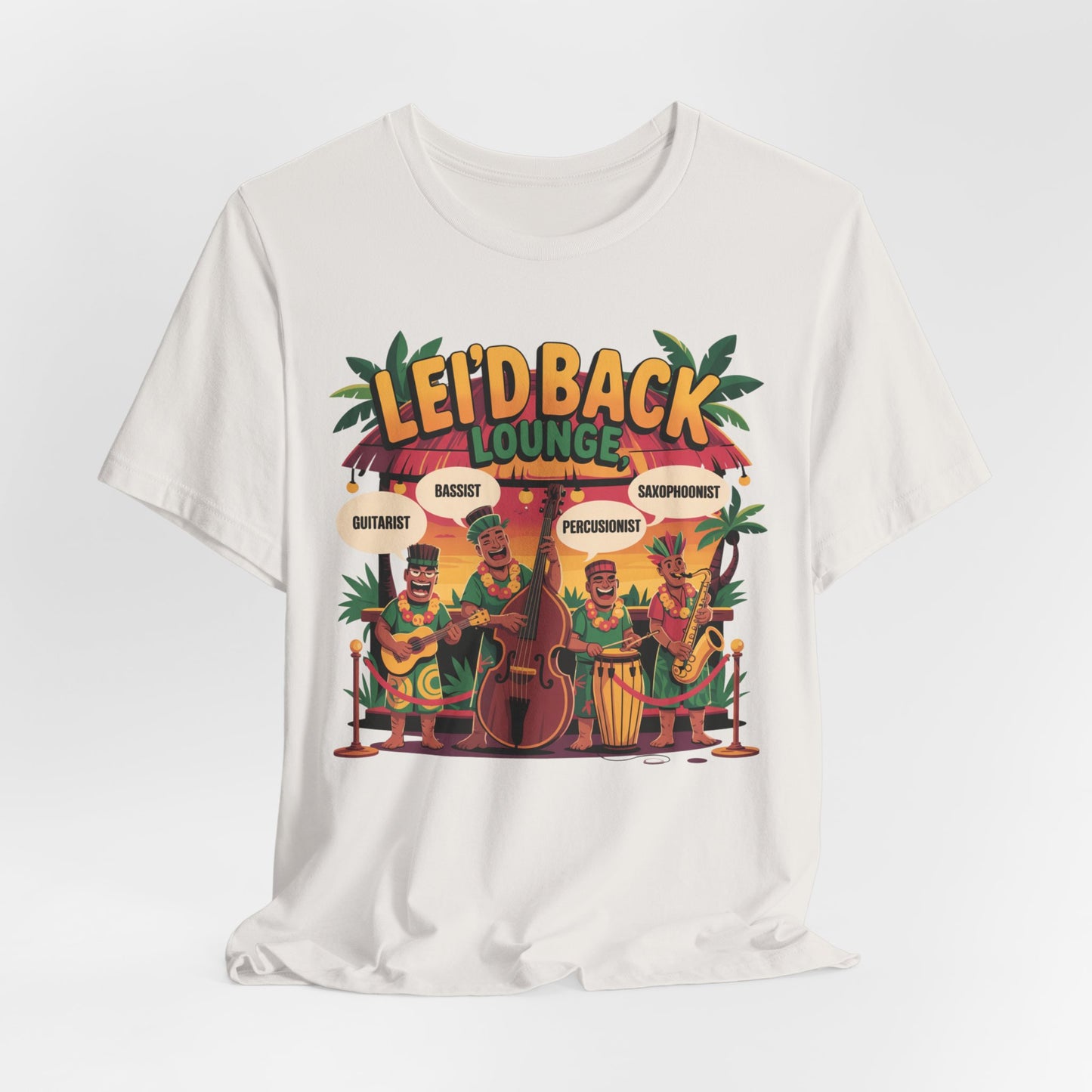The Leid Back Lounge Unisex Tiki T-Shirt showcases a colorful cartoon of four musicians under palm trees with Lei’d Back Lounge above—a perfect relaxed vibe for music lovers seeking a touch of tropical paradise.