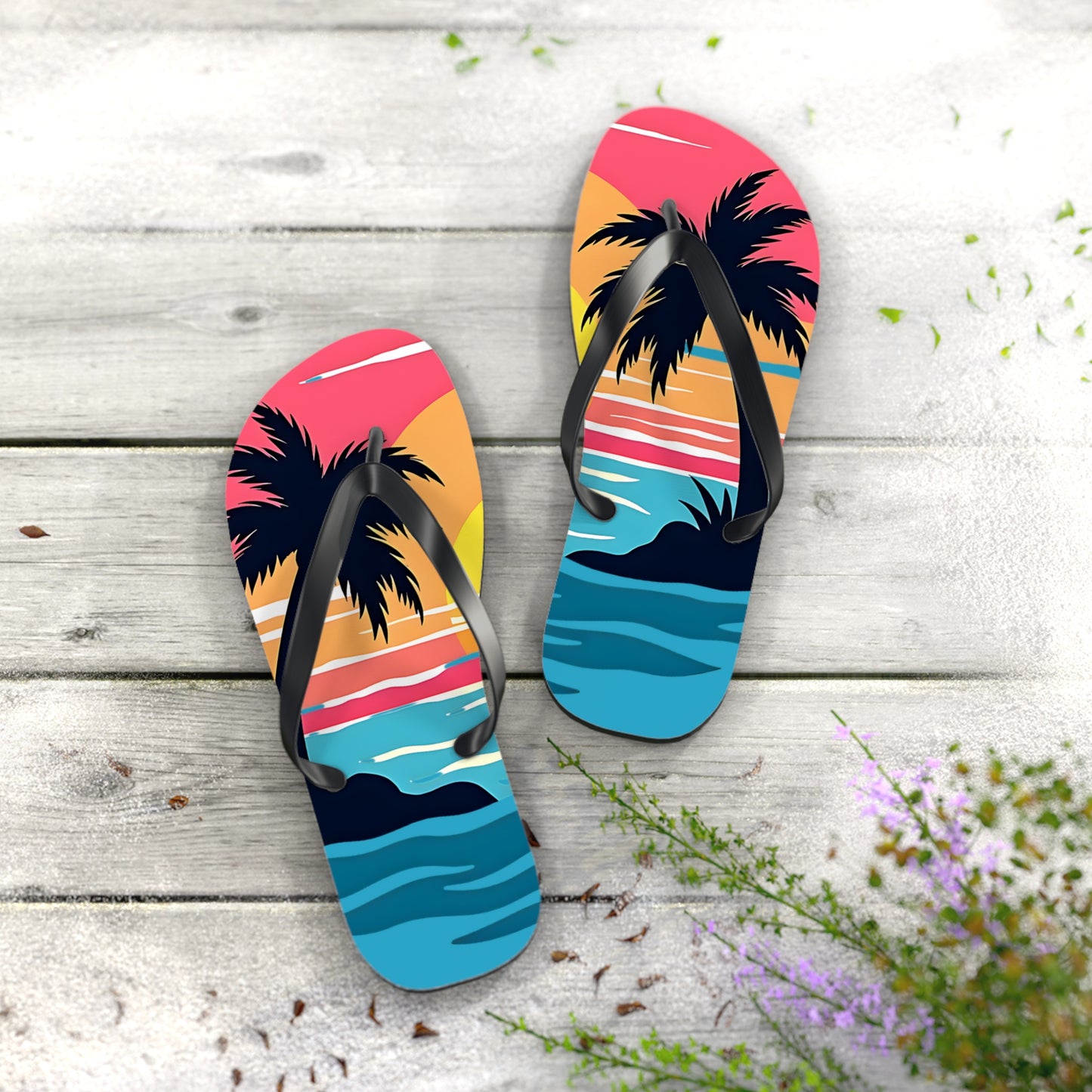Tropical Sunset Flip Flops | Beach Vibes Sandals—featuring palm trees, a colorful sky, and ocean waves—are perfect for summer outfits. Shown on light wood with small green plants and purple flowers nearby.