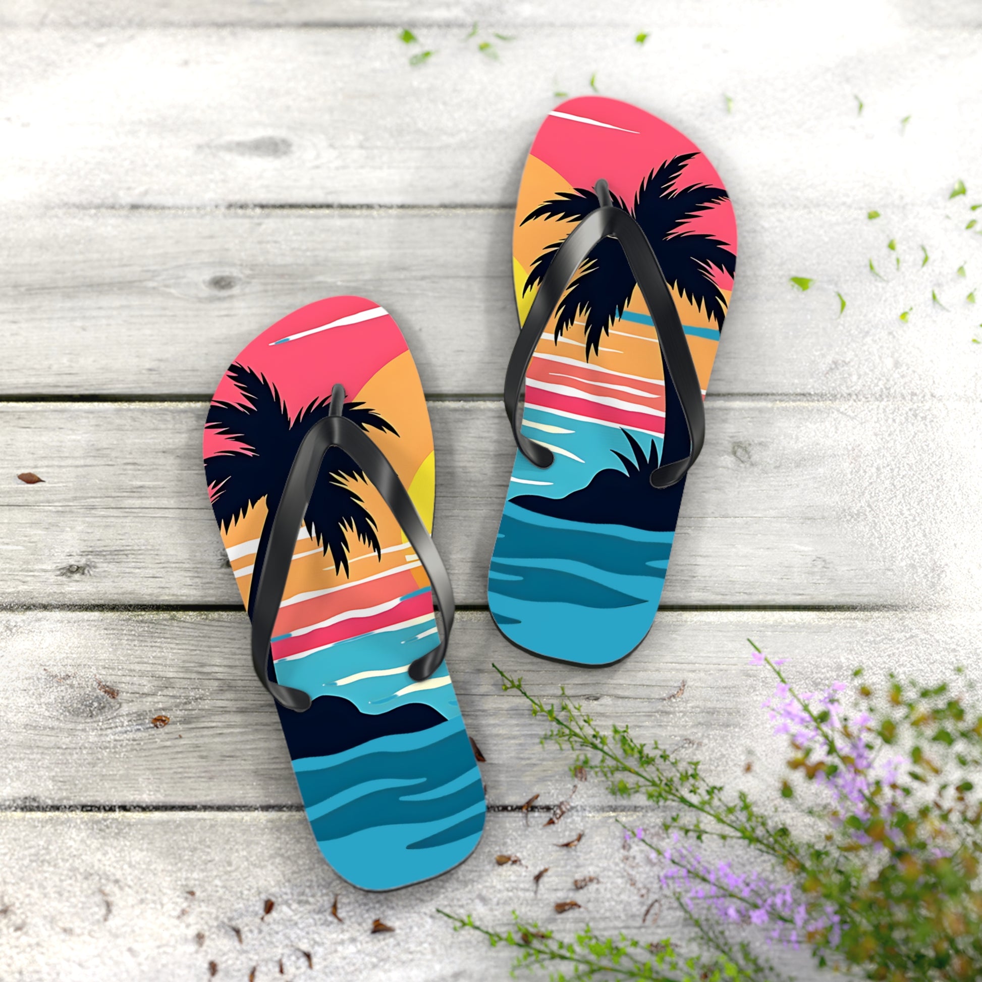 Tropical Sunset Flip Flops | Beach Vibes Sandals—featuring palm trees, a colorful sky, and ocean waves—are perfect for summer outfits. Shown on light wood with small green plants and purple flowers nearby.