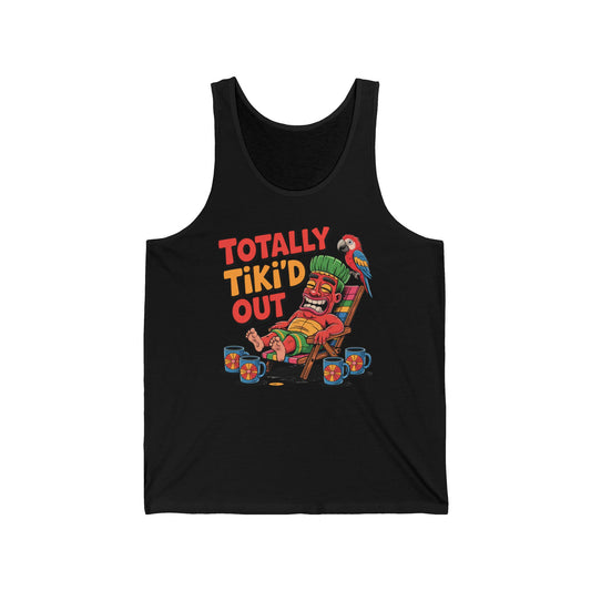 The Totally Tikid Out Unisex Jersey Tiki Tank Top features a vibrant cartoon tiki relaxing with mugs, a nearby parrot, and “TOTALLY TIKI’D OUT” above—a breathable top perfect for summer vibes and celebrations.