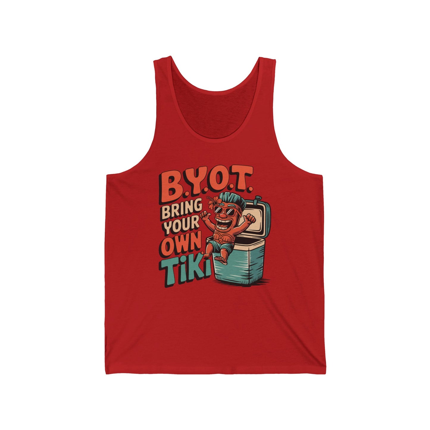 The Tiki Themed Unisex Jersey Tank - Bring Your Own Tiki Design is a red, trendy summer top featuring a cartoon tiki in a cooler with bold B.Y.O.T. lettering—perfect for any casual gathering.