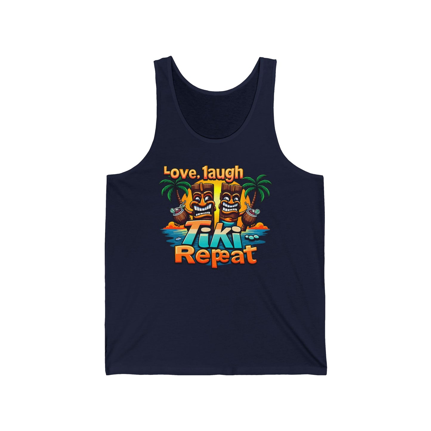 The Tiki Tank Top - Love, Laugh, Tiki Repeat features two smiling tiki statues, palm trees, and colorful text—perfect for showing your love for tiki culture at summer parties.